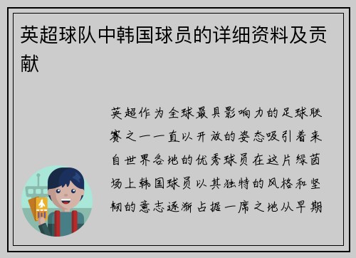 英超球队中韩国球员的详细资料及贡献